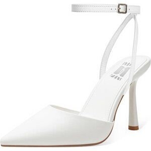 Women's White Pumps Pointed Toe Heels with Ankle Strap Closed Toe High Heels